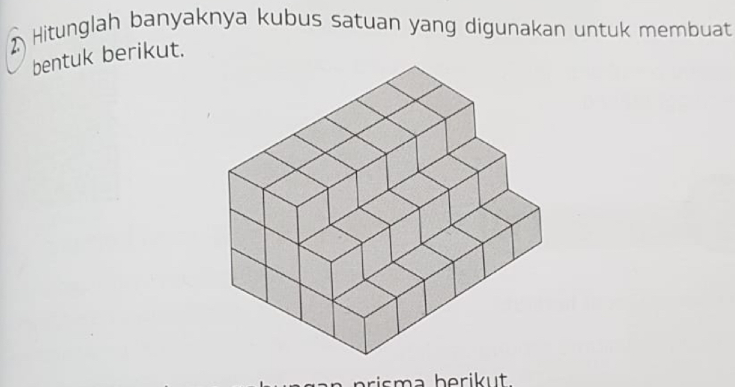 Hitunglah banyaknya kubus satuan yang digunakan untuk membuat 
bentuk berikut. 
prisma berikut