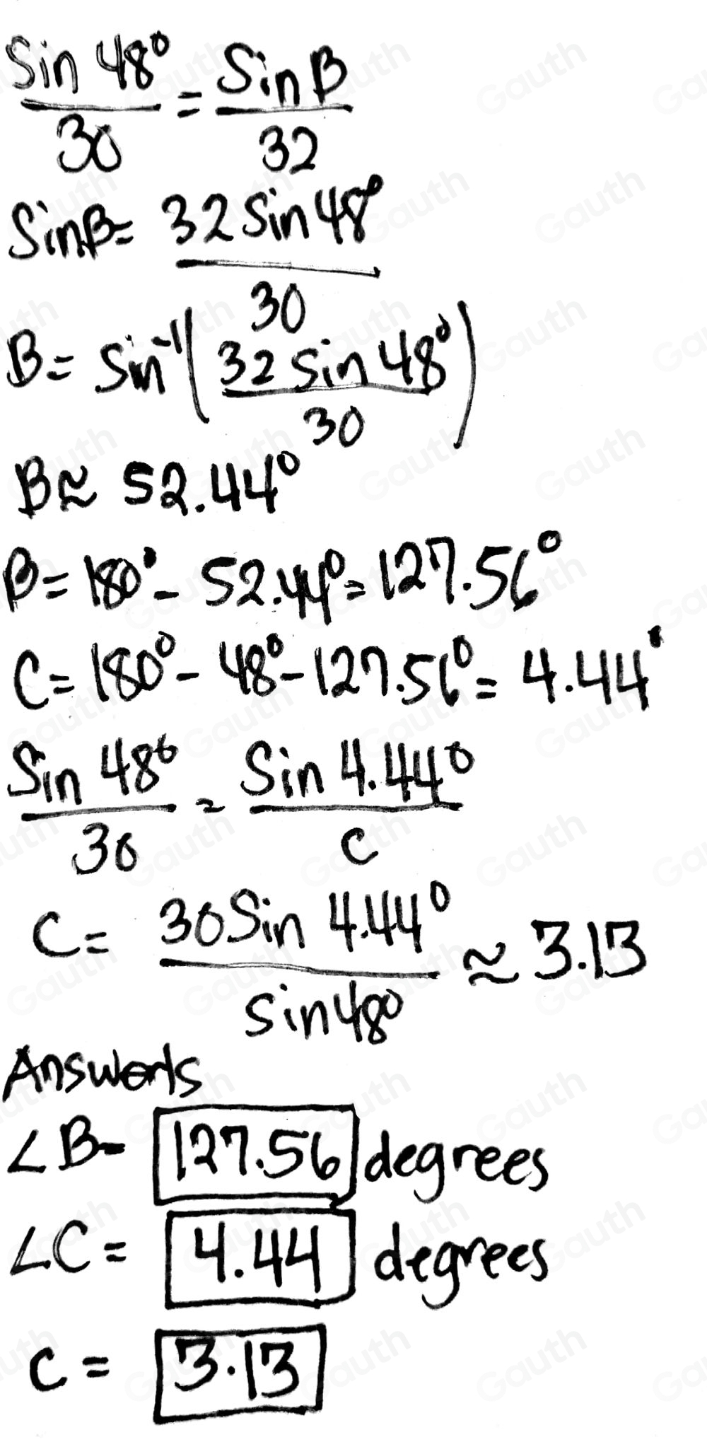 Solved: Use the Law of Sines to solve the triangle with one obtuse ...