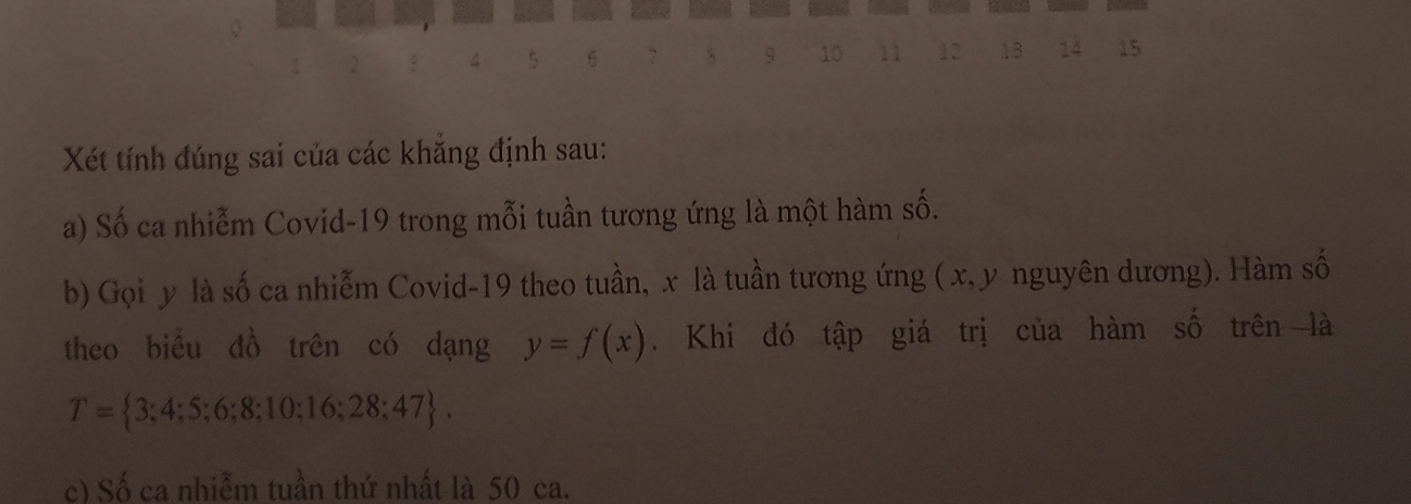 2 3 4 5 6 7 9 10 11 12 13 14 15
Xét tính đúng sai của các khăng định sau: 
a) Số ca nhiễm Covid-19 trong mỗi tuần tương ứng là một hàm số. 
b) Gọi y là số ca nhiễm Covid-19 theo tuần, x là tuần tương ứng ( x, y nguyên dương). Hàm số 
theo biểu đồ trên có dạng y=f(x). Khi đó tập giá trị của hàm số trên là
T= 3;4;5;6;8;10;16;28;47. 
c) Số ca nhiễm tuần thứ nhất là 50 ca.