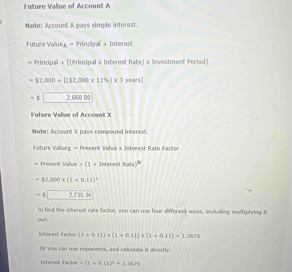 Future Value of Account A 
Note: Account A pays simple interest. 
Future ValueA = Principal + Interest 
Principal + [(Principal x Interest Rate) x Investment Period]
=$2,000+[($2,000* 11% )* 3 years]
=$□ 2,660.00
Future Value of Account X
Note: Account X pays compound interest. 
Future Value x= Present Value x Interest Rate Factor 
= Present Value * (1+InterestRate)^N
=$2,000* (1+0.11)^3
=$□ 2,735.36
To find the interest rate factor, you can use four different ways, including multiplying it 
out: 
Interest Factor (1+0.11)* (1+0.11)* (1+0.11)=1.3676
Or you can use exponents, and calculate it directly: 
Interest Factor =(1+0.11)^3=1.3676