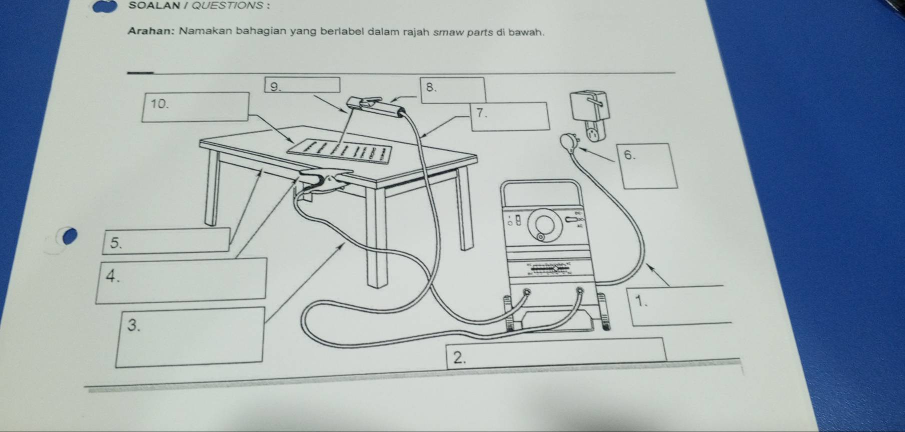 SOALAN / QUESTIONS : 
Arahan: Namakan bahagian yang berlabel dalam rajah smaw parts di bawah.