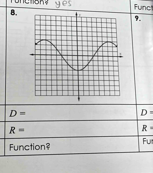 Function? yes Funct
8.
9.
D=
D=
R=
R=
Fur
Function?