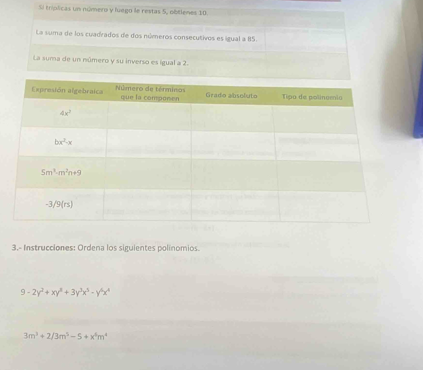 Sí tríplicas un número y luego le restas 5, obtienes 10.
La suma de los cuadrados de dos números consecutivos es igual a 85.
La suma de un número y su inverso es igual a 2.
3.- Instrucciones: Ordena los siguientes polinomios.
9-2y^2+xy^8+3y^3x^5-y^6x^4
3m^3+2/3m^5-5+x^6m^4