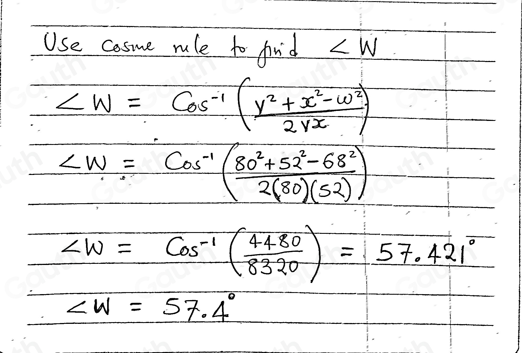 Solved: In VWX, upsilon =80cm, w=68cm and x=52cm. Find the measure of ∠ ...