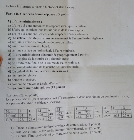 Définis les termes suivants : biotope et stratification .
Partie B. Cochez la bonne réponse : (4 points)
1) L’aire minimale est :
a) L'aire qui contient toutes les espèces identiques du milieu.
b) L'aire qui contient tous les individus de la même espèce.
c) L'aire qui contient l'essentiel des espèces végétales du milieu
2) Le relevé floristique est un recensement de l'ensemble des végétaux :
a) sur une surface rectangulaire donnée du milieu
b) sur un milieu terrestre boisé.
c) sur une surface au moins égale à l'aire minimale.
3) L'aire minimale est déterminée graphiqument à partir:
a) de l'origine de la courbe de l'aire minimale.
b) de l'extrémité finale de la courbe de l'aire minimale.
c) du point d'infiexion de la courbe de l'aire maimale.
4) Le calcul de la fréquence s'intéresse au :
a) nombre de relevés
b) nombre d'espèces
c) nombre de relevés et à celui d'espèces.
Compétences méthodologiques (13 points)
Exercice n°1 : (6 points)
Les précipitations (P) et températures (T) enregistrées dans une région du continent africain,
ont permis d'établir le tableau ci-dessous.
1) Trace le diagramme ombrothermique de cette station. (2 points)
2) Analyse et interprétez ce diagramme ombrothermique. (2 points)
3) Calcule l'indicé d'aridité de Martonne de cette station. (2 points)