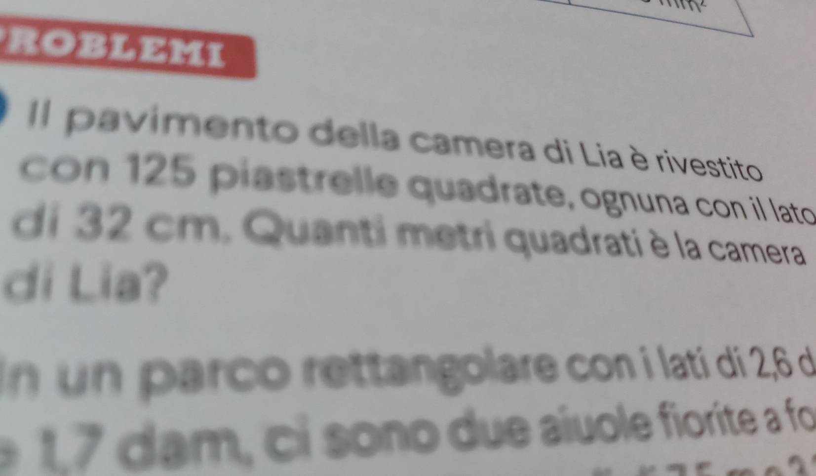 ROBLEMI 
Il pavimento della camera di Lia è rivestito 
con 125 piastrelle quadrate, ognuna con il lato 
di 32 cm. Quanti metri quadrati è la camera 
di Lia? 
un un parco rettangolare con i latí di 2,6 de 
c i o ue aiuole fiorite a foi