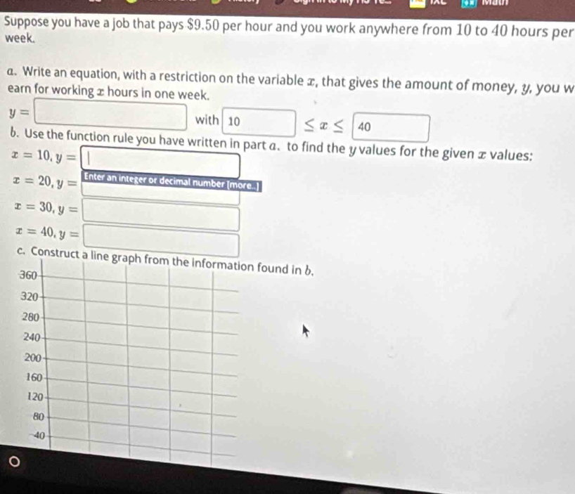 Mam 
Suppose you have a job that pays $9.50 per hour and you work anywhere from 10 to 40 hours per
week. 
a. Write an equation, with a restriction on the variable x, that gives the amount of money, y, you w 
earn for working x hours in one week.
y=□ with 10≤ x≤ 40
b. Use the function rule you have written in part a. to find the y values for the given x values:
x=10, y= □ Enter an integer or decimal number [more..]
x=20, y=
x=30, y= □
x=40, y= □ 
c. Construct a line graph from the information found in b.