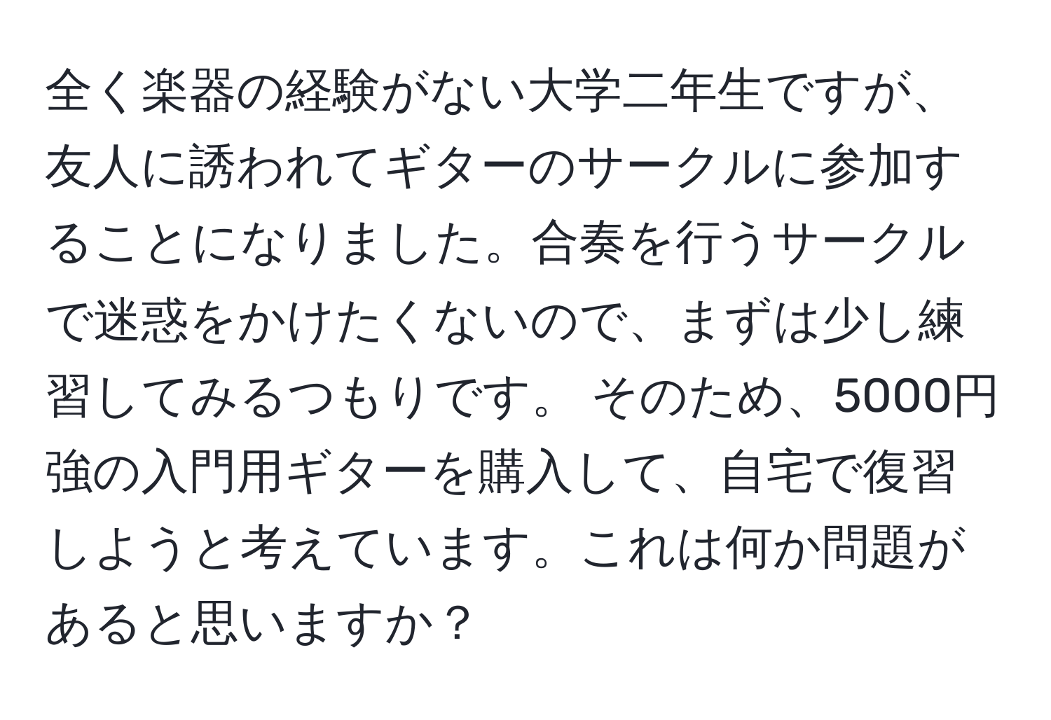 全く楽器の経験がない大学二年生ですが、友人に誘われてギターのサークルに参加することになりました。合奏を行うサークルで迷惑をかけたくないので、まずは少し練習してみるつもりです。 そのため、5000円強の入門用ギターを購入して、自宅で復習しようと考えています。これは何か問題があると思いますか？