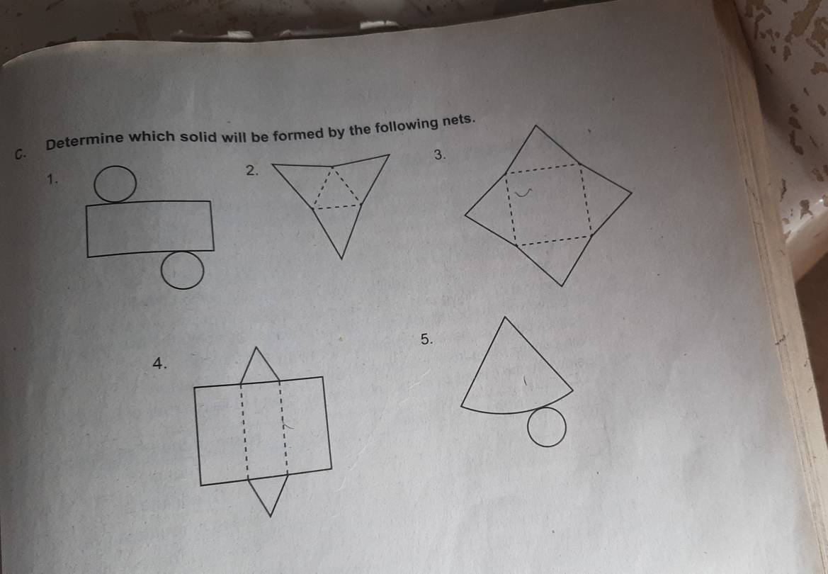 Determine which solid will be formed by the following nets. 
3. 
1. 
2. 
5. 
4.