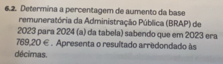 Determina a percentagem de aumento da base 
remuneratória da Administração Pública (BRAP) de 
2023 para 2024 (a) da tabela) sabendo que em 2023 era
769,20 €. Apresenta o resultado arredondado às 
décimas.