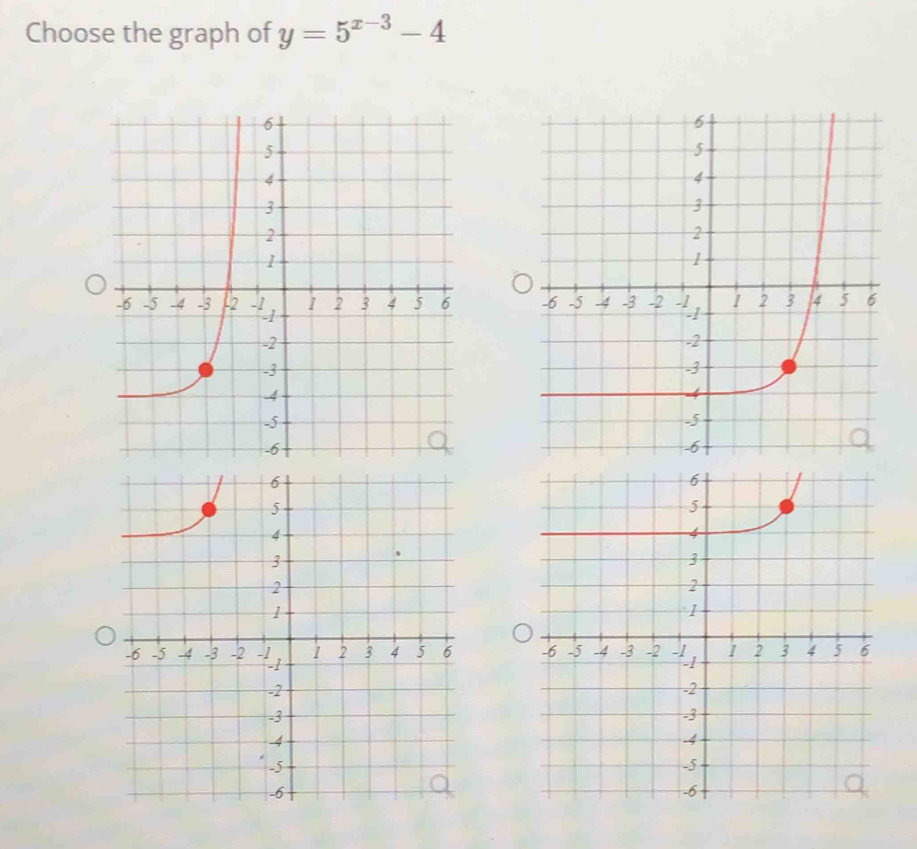 Choose the graph of y=5^(x-3)-4