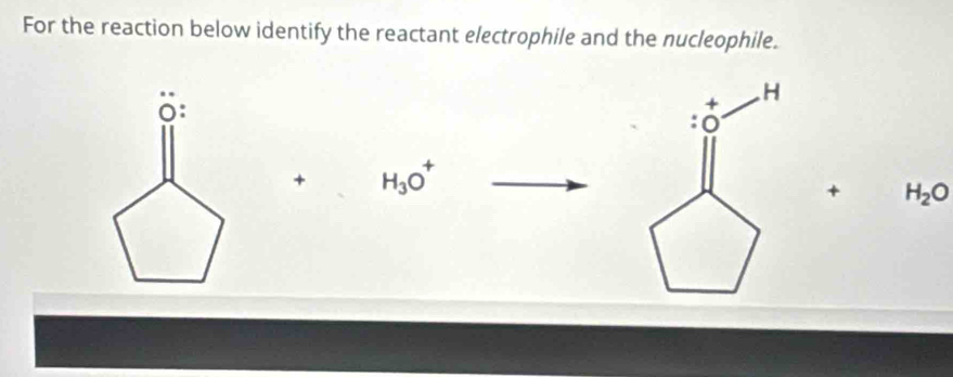 For the reaction below identify the reactant electrophile and the nucleophile.
+ H_3O^+
+ H_2O