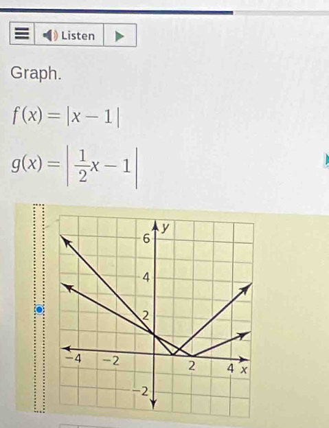 Listen
Graph.
f(x)=|x-1|
g(x)=| 1/2 x-1|