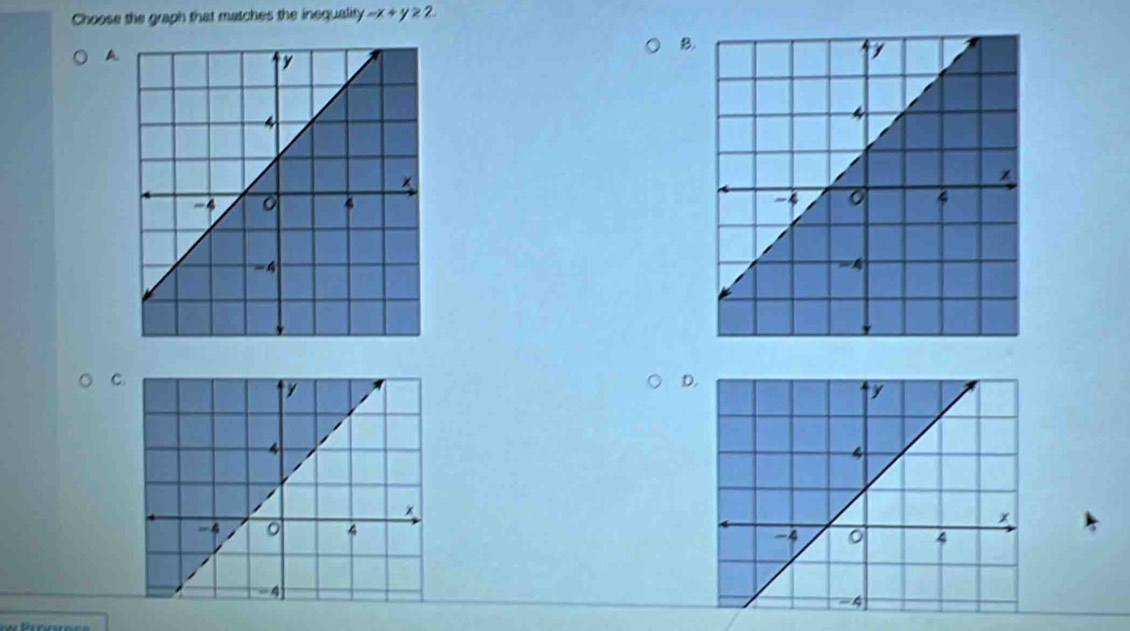 Choose the graph that matches the inequality -x+y≥ 2
A. 
B. 
C 
D.