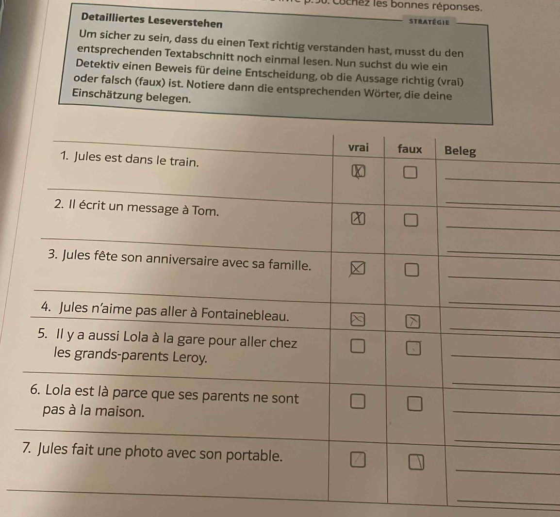 Cochez les bonnes réponses. 
Detailliertes Leseverstehen 
stratégie 
Um sicher zu sein, dass du einen Text richtig verstanden hast, musst du den 
entsprechenden Textabschnitt noch einmal lesen. Nun suchst du wie ein 
Detektiv einen Beweis für deine Entscheidung, ob die Aussage richtig (vrai) 
oder falsch (faux) ist. Notiere dann die entsprechenden Wörter, die deine 
Einschätzung belegen. 
_ 
_