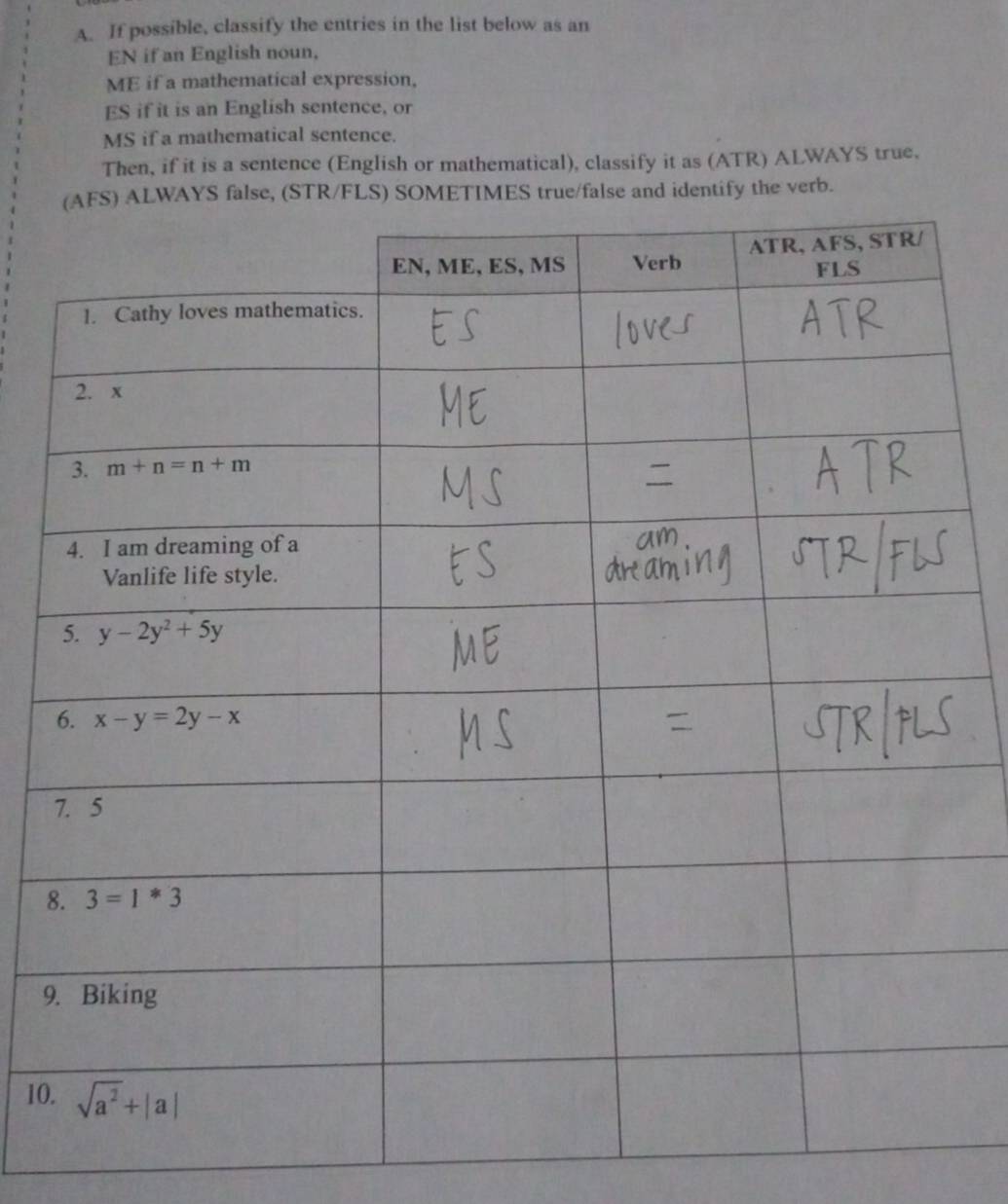 If possible, classify the entries in the list below as an
EN if an English noun,
ME if a mathematical expression,
ES if it is an English sentence, or
MS if a mathematical sentence.
Then, if it is a sentence (English or mathematical), classify it as (ATR) ALWAYS true.
AYS false, (STR/FLS) SOMETIMES true/false and identify the verb.
8
9
10