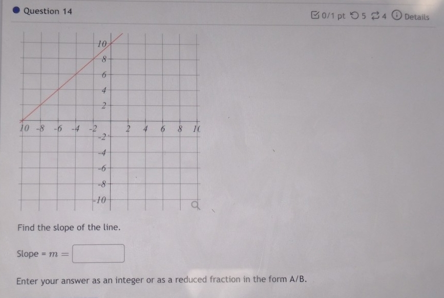 つ54 Details 
Find the slope of the line. 
Slope =m=
Enter your answer as an integer or as a reduced fraction in the form A/B.