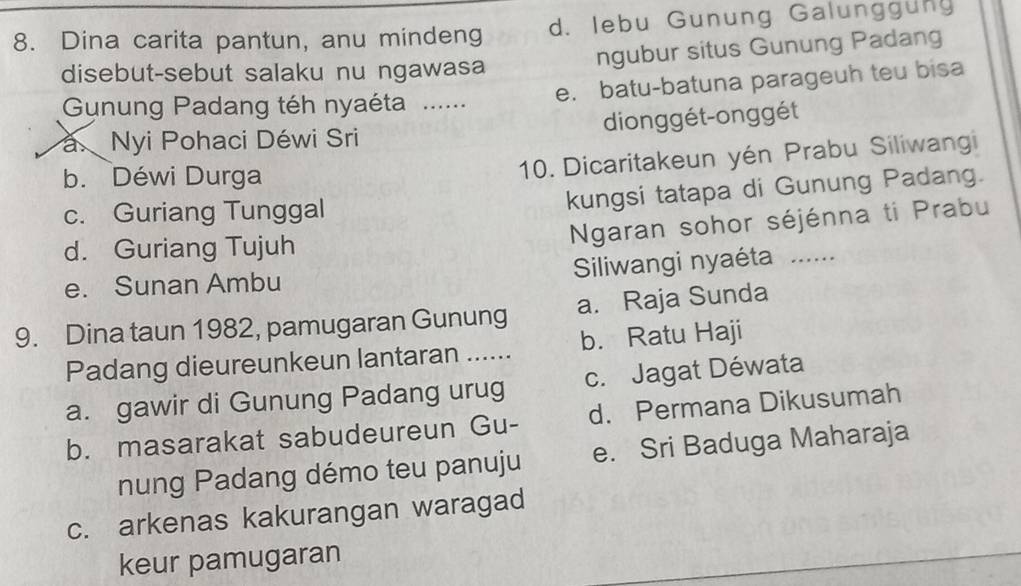 Dina carita pantun, anu mindeng d. lebu Gunung Galunggung
disebut-sebut salaku nu ngawasa
ngubur situs Gunung Padang
Gunung Padang téh nyaéta ...... e. batu-batuna parageuh teu bisa
a. Nyi Pohaci Déwi Sri dionggét-onggét
b. Déwi Durga
10. Dicaritakeun yén Prabu Siliwangi
c. Guriang Tunggal
kungsi tatapa di Gunung Padang.
d. Guriang Tujuh
Ngaran sohor séjénna ti Prabu
e. Sunan Ambu Siliwangi nyaéta ......
9. Dina taun 1982, pamugaran Gunung a. Raja Sunda
Padang dieureunkeun lantaran ...... b. Ratu Haji
a. gawir di Gunung Padang urug c. Jagat Déwata
b. masarakat sabudeureun Gu- d. Permana Dikusumah
nung Padang démo teu panuju e. Sri Baduga Maharaja
c. arkenas kakurangan waragad
keur pamugaran