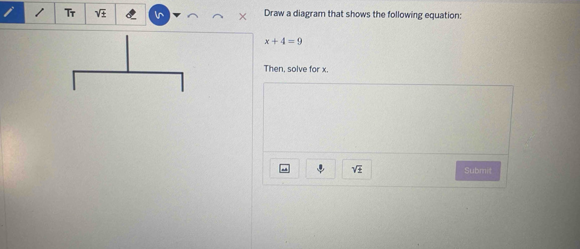 Tr sqrt(± ) U Draw a diagram that shows the following equation:
x+4=9
Then, solve for x.
sqrt(± ) Submit