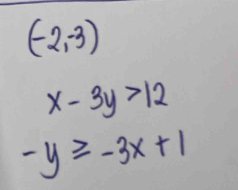 (-2,-3)
x-3y>12
-y≥slant -3x+1