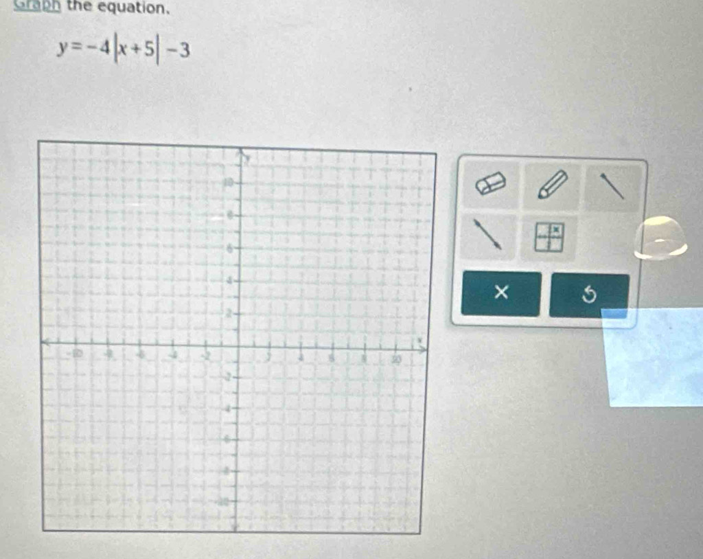 araph the equation.
y=-4|x+5|-3
×