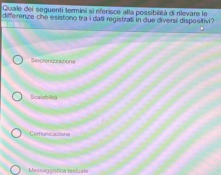 Quale dei seguenti termini si riferisce alla possibilità di rilevare le
differenze che esistono tra i dati registrati in due diversi dispositivi?
Sincronizzazione
Scalabilità
Comunicazione
Messaggistica testuale