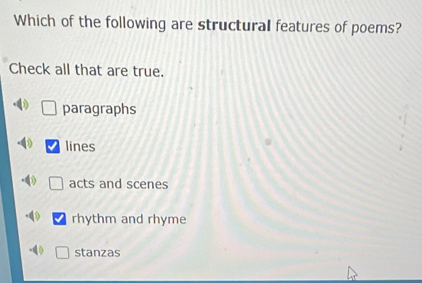 Solved: Which of the following are structural features of poems? Check ...