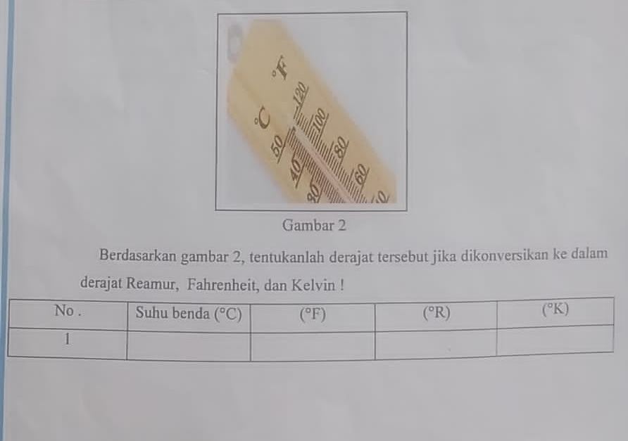 Berdasarkan gambar 2, tentukanlah derajat tersebut jika dikonversikan ke dalam
derajat Reamur, Fahrenheit, dan Kelvin !