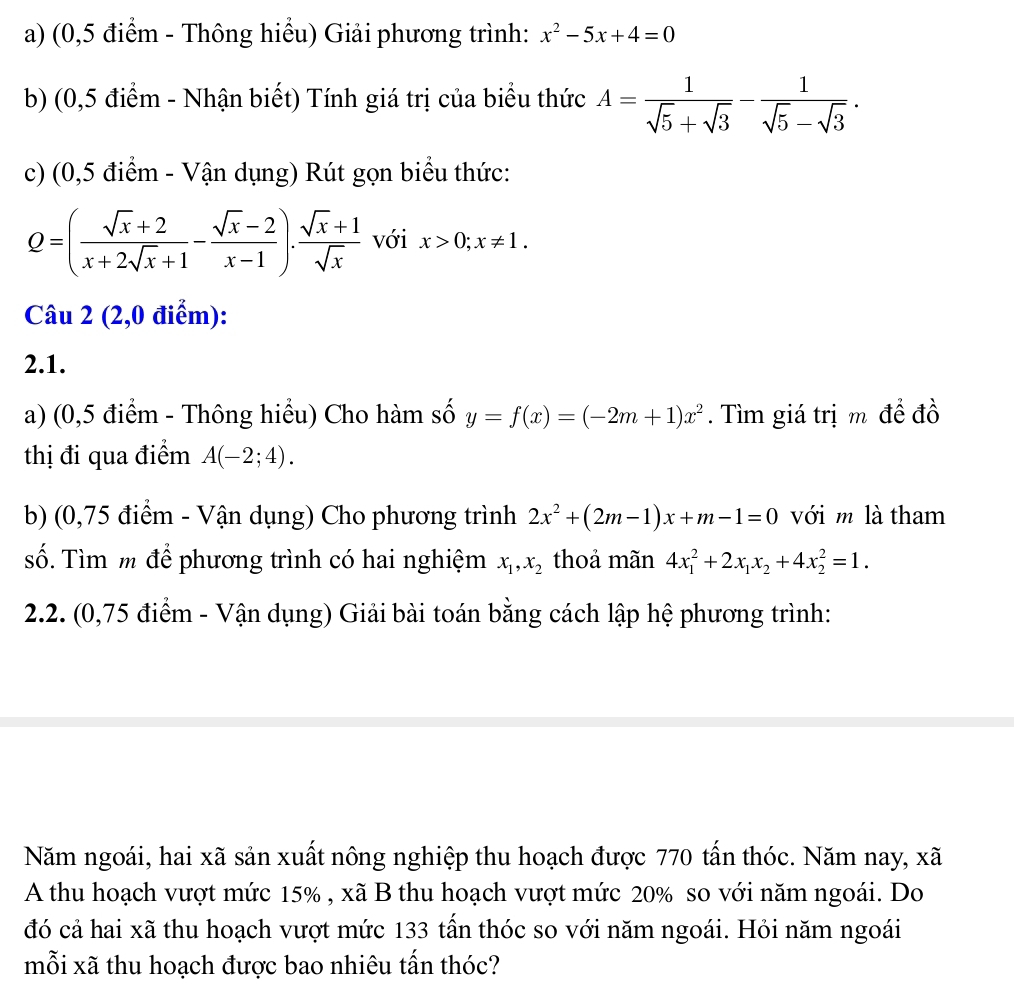 (0,5 điểm - Thông hiểu) Giải phương trình: x^2-5x+4=0
b) (0,5 điểm - Nhận biết) Tính giá trị của biểu thức A= 1/sqrt(5)+sqrt(3) - 1/sqrt(5)-sqrt(3) .
c) (0,5 điểm - Vận dụng) Rút gọn biểu thức:
Q=( (sqrt(x)+2)/x+2sqrt(x)+1 - (sqrt(x)-2)/x-1 )·  (sqrt(x)+1)/sqrt(x)  với x>0;x!= 1.
Câu 2 (2,0 điểm):
2.1.
a) (0,5 điểm - Thông hiểu) Cho hàm số y=f(x)=(-2m+1)x^2. Tìm giá trị m để đồ
thị đi qua điểm A(-2;4).
b) (0,75 điểm - Vận dụng) Cho phương trình 2x^2+(2m-1)x+m-1=0 với m là tham
số. Tìm m để phương trình có hai nghiệm x_1,x_2 thoả mãn 4x_1^(2+2x_1)x_2+4x_2^2=1.
2.2. (0,75 điểm - Vận dụng) Giải bài toán bằng cách lập hệ phương trình:
Năm ngoái, hai xã sản xuất nông nghiệp thu hoạch được 770 tấn thóc. Năm nay, xã
A thu hoạch vượt mức 15% , xã B thu hoạch vượt mức 20% so với năm ngoái. Do
đó cả hai xã thu hoạch vượt mức 133 tấn thóc so với năm ngoái. Hỏi năm ngoái
mỗi xã thu hoạch được bao nhiêu tấn thóc?