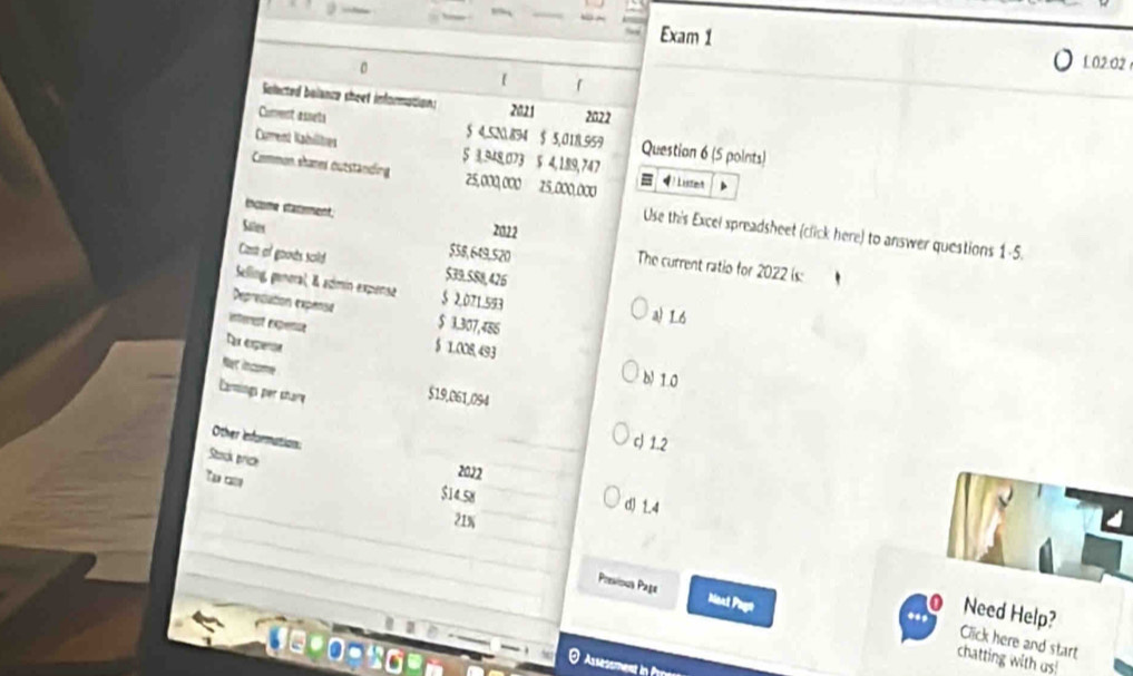 a
Exam 1
0
£ 02:02
「
Solected bolance sheet information; 2021 2022
Corent asnets $ 4.5N .894 $ 5,018.959 Question 6 (5 points)
Current Kabilitres 5 3,948,073 $ 4, 189, 747 = 4 Listet
Common shanes outstanding 25,000,000 25,000,000
income starmment. 202 2
Use this Excel spreadsheet (click here) to answer questions 1-5.
Sates $38, 649,520
Cmt of goods scold $39.588,426
The current ratio for 2022 is:
Selling, pneral, & asimin expense $ 2,071.593 a) 1.6
Depresution expense $ 3,307,486
Rx esperoe
enteret expense $ 1.008,493 b) 1.0
Nut income
Carmings per share
$19,061,294
Other Information:
c) 1.2
Stack price
Tp cn
2022
$14.58
d) 1.4
21%
Preníous Page Nant Pago
Need Help?
Click here and start
e 
chatting with us!
O Assesement i