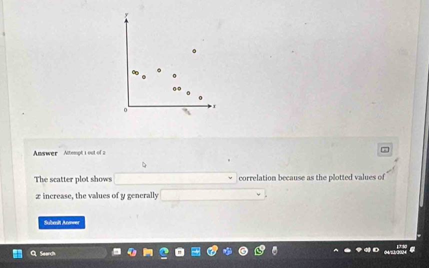 y
。
0
x
Answer Attempt 1 out of 2 
The scatter plot shows correlation because as the plotted values of 
æ increase, the values of y generally 
Submit Answer
1750
Search