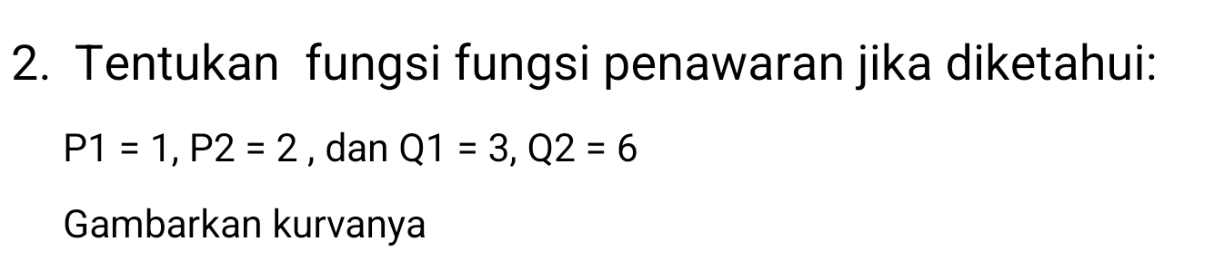 Tentukan fungsi fungsi penawaran jika diketahui:
P1=1, P2=2 , dan Q1=3, Q2=6
Gambarkan kurvanya