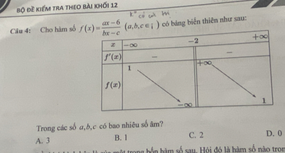 bộ đề kiếm tra theo bài khỐi 12
Câu 4: Cho hàm số f(x)= (ax-6)/bx-c (a,b,c∈ i) có bảng biến thiên như sau:
Trong các số a,b,c có bao nhiêu số âm?
A. 3 B. 1 C. 2
D. 0
lg b  n hàm số sau. Hội đó là hàm số nào tron