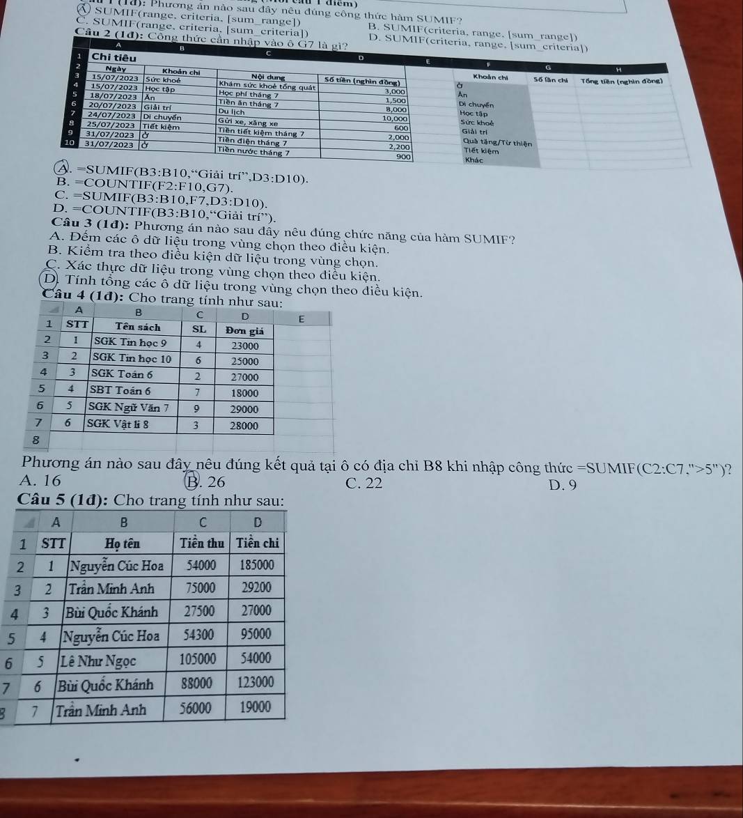 ca ( dém)
(1d): Phương ản nào sau đây nêu đúng công thức hàm SUMIF?
A SUMIF(range, criteria. [sum_range]) B. SUMIF(criteria, range. [sum_range])
Č. SUMIF(range, criteria, [sum_criteria]) D.
Cầu 2 (1đ): Công
iải trí”,I 93:D1 0).
B. =COUNTIF(F2:F10,G7).
C. =SUMIF(B3: B10, F7, D3 : D10).
D. =COUNTIF(B3:B 10°G iải tri'') 
Câu 3 (1đ): Phương án nào sau đầy nêu đúng chức năng của hàm SUMIF?
A. Đếm các ô dữ liệu trong vùng chọn theo điều kiện.
B. Kiểm tra theo điều kiện dữ liệu trong vùng chọn.
C. Xác thực dữ liệu trong vùng chọn theo điều kiện.
D. Tính tổng các ô dữ liệu trong vùng chọn theo điều kiện.
Câu 4(1d) : Cho trang 
Phương án nào sau đây nêu đúng kết quả tại ô có địa chỉ B8 khi nhập công thức =SUMIF (C2:C7,''>5'') ?
A. 16 B. 26 C. 22 D. 9
Câu 5 (1đ): Cho trang tính như sau:
5
6
7