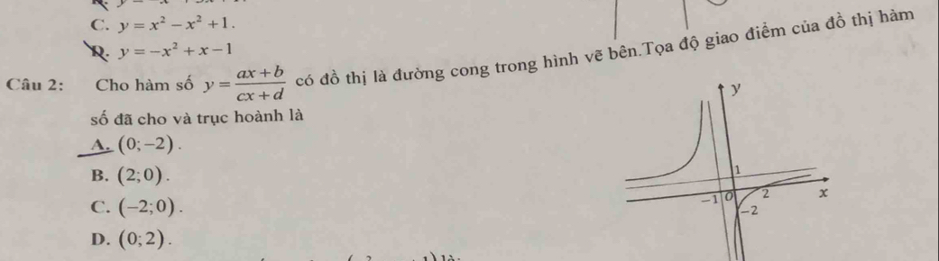 C. y=x^2-x^2+1.
R. y=-x^2+x-1
Câu 2: Cho hàm số y= (ax+b)/cx+d  có đồ thị là đường cong trong hình vẽ bên.Tọa độ giao điểm của đồ thị hàm
số đã cho và trục hoành là
_A. (0;-2).
B. (2;0).
C. (-2;0).
D. (0;2).