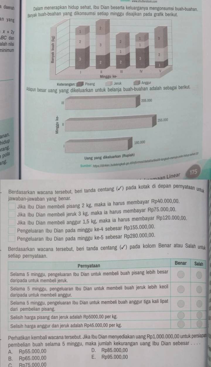 a daerah Dalam menerapkan hidup sehat, Ibu Dian beserta keluarganya mengonsumsi buah-buahan.
Banyak buah-buahan yang dikonsumsi setiap minggu disajikan pada grafik berikut.
an yang
x+2y
BC dan
alah nilai
minīmum
_
Keterangan:  Pisang Jeruk Anggur
Adapun besar uang yang dikeluarkan untuk belanja buah-buahan adalah sebagai berikut.
205.000
255.000
anán.
hidup
180.000
rang.
pola
Uang yang dikeluarkan (Rupiah)
Sumbor: https://dinkes.buielengkab.go.id|informsi/detall/artikel/8-langkah-menujo-polo-hitup-sher-33
ang
L inear 175
Berdasarkan wacana tersebut, beri tanda centang (✔) pada kotak di depan pernyataan untu
jawaban-jawaban yang benar.
Jika Ibu Dian membeli pisang 2 kg, maka ia harus membayar Rp40.000,00.
Jika Ibu Dian membeli jeruk 3 kg, maka ia harus membayar Rp75.000,00.
Jika Ibu Dian membeli anggur 1,5 kg, maka ia harus membayar Rp120.000,00.
Pengeluaran Ibu Dian pada minggu ke-4 sebesar Rp155.000,00.
Pengeluaran Ibu Dian pada minggu ke-5 sebesar Rp280.000,00.
Berdasarkan wacana tersebut, beri tanda centang (✔) pada kolom Benar atau Salah untk
Perhatikan kembali wacana tersebut. Jika Ibu Dian menyediakan uang Rp1.000.000,00 untuk persiapan
pembelian buah selama 5 minggu, maka jumlah kekurangan uang Ibu Dian sebesar . . . .
A. Rp55.000,00 D. Rp85.000,00
B. Rp65.000,00 E. Rp95.000,00
C. Rp75.000.00