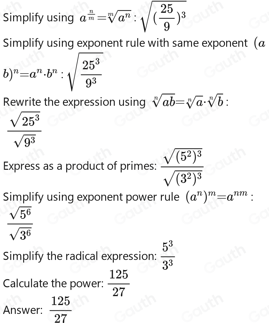 Solved: What is the value of ( 25/9 )^3/2 ? [Math]