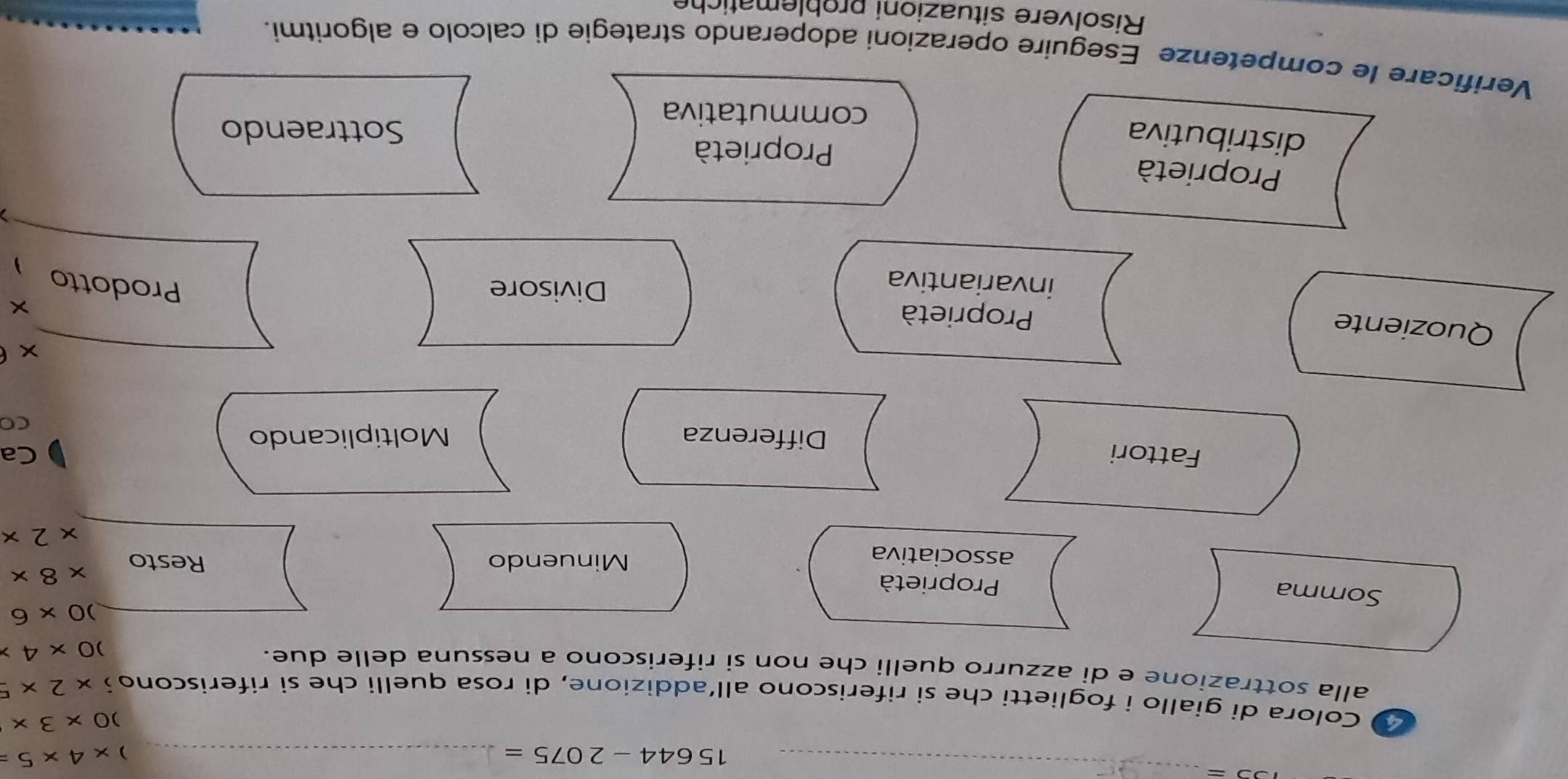 15644-2075= _ 
) * 4* 5=
)0* 3*
Colora di giallo i foglietti che si riferiscono all’addizione, di rosa quelli che si riferiscono i* 2* 5
alla sottrazione e di azzurro quelli che non si riferiscono a nessuna delle due.
)0* 4>
)0* 6
Somma Proprietà 
associativa Minuendo Resto * 8*
* 2*
Ca 
Fattori Differenza 
Moltiplicando 
C 
x 
Quoziente Proprietà 
× 
invariantiva Divisore Prodotto 
Proprietà 
distributiva 
Proprietà 
Sottraendo 
commutativa 
Verificare le competenze Eseguire operazioni adoperando strategie di calcolo e algoritmi. 
Risolvere situazioni problematiche