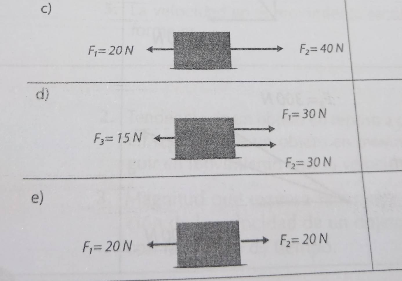 F_1=20N
F_2=40N
d)
F_1=30N
F_3=15N
F_2=30N
e)
F_1=20N
F_2=20N