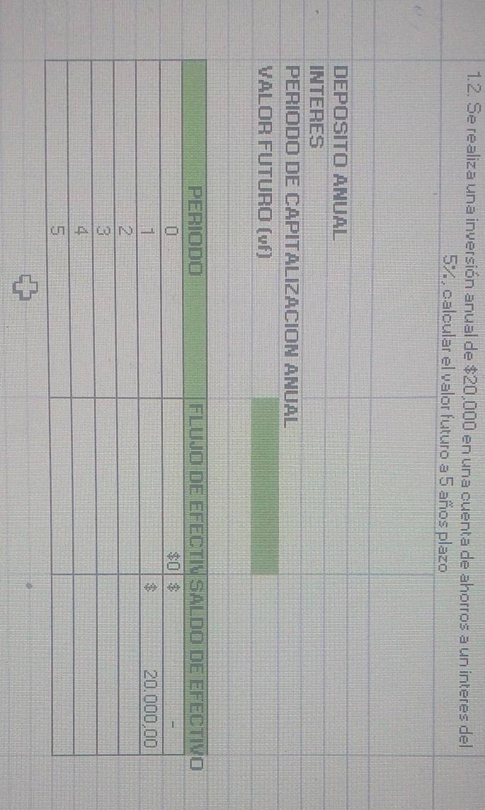 Se realiza una inversión anual de $20,000 en una cuenta de ahorros a un interes del
5% , calcular el valor futuro a 5 años plazo 
DEPOSITO ANUAL 
INTERES 
PERIODO DE CAPITALIZACION ANUAL 
VALOR FUTURO (vf)