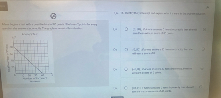 Oe 11. Identify the y-intercept and explain what it means in the problem situalion
Arlene begins a test with a possible total of 80 points. She loses 2 points for every
(0,80)
question she answers incorrectly. The graph represents this situation.; if Arlene answers 0 items incorrectly, then she will
earn the maximum score of 80 points.
(0,80); if Arlene answers 80 items incorrectly, then she
will earn a score of (
(40,0); if Arlene answers 40 items incorrectly, then she
will earn a score of 0 points.
(40,0); if Arlene answers 0 items incorrectly, then she will
earn the maximum score of 40 points.
