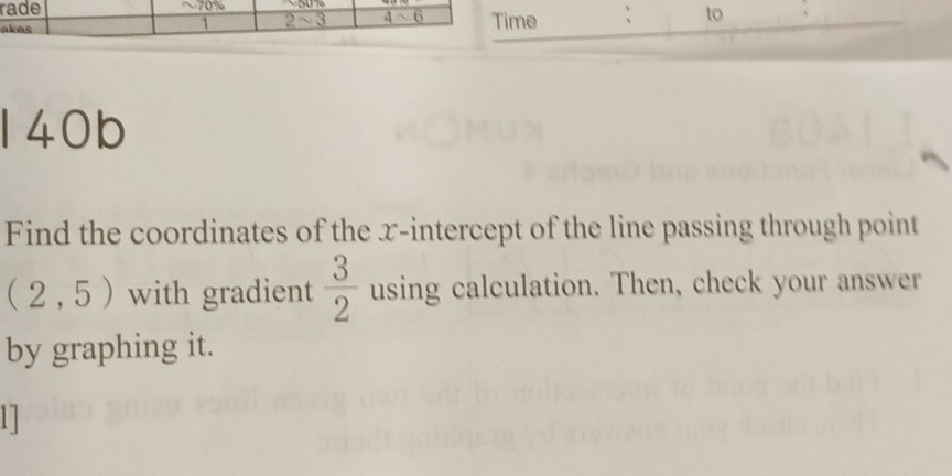 to
140b
Find the coordinates of the x-intercept of the line passing through point
(2,5) with gradient  3/2  using calculation. Then, check your answer
by graphing it.
11