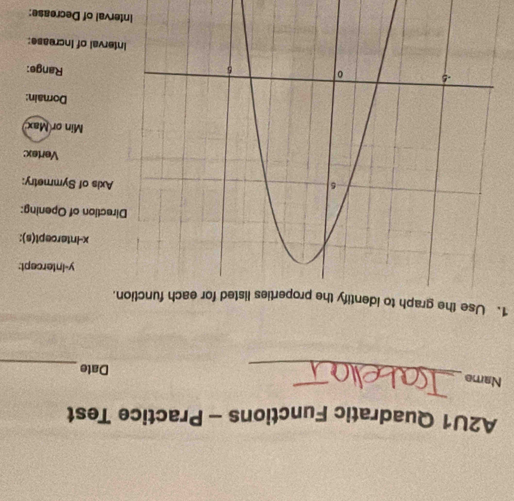 A2U1 Quadratic Functions - Practice Test 
_ 
Name 
Date 
_ 
1. Use the graph to identify the properties listed for each function. 
y-Intercept: 
x-Intercept(s): 
tion of Opening: 
is of Symmetry: 
Vertex
Min or Max 
Domain: 
Range: 
al of Increase: 
l of Decrease: