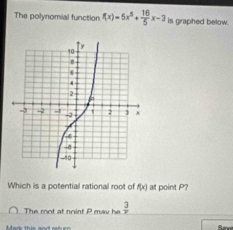 The polynomial function f(x)=5x^5+ 16/5 x-3 is graphed below. 
Which is a potential rational root of f(x) at point P? 
The root at noint P may be  3/r 
Mark this and return Save