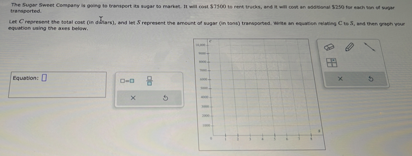 The Sugar Sweet Company is going to transport its sugar to market. It will cost $7500 to rent trucks, and it will cost an additional $250 for each ton of sugar 
transported. 
Let C represent the total cost (in dŵlars), and let S represent the amount of sugar (in tons) transported. Write an equation relating C to S, and then graph your 
equation using the axes below. 
Equation: □ ×
□ =□  □ /□  
×