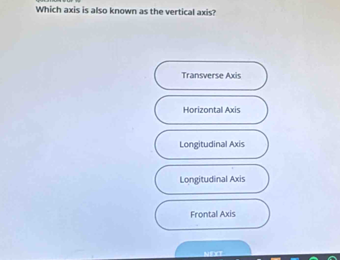 Solved: Which axis is also known as the vertical axis? Transverse Axis ...