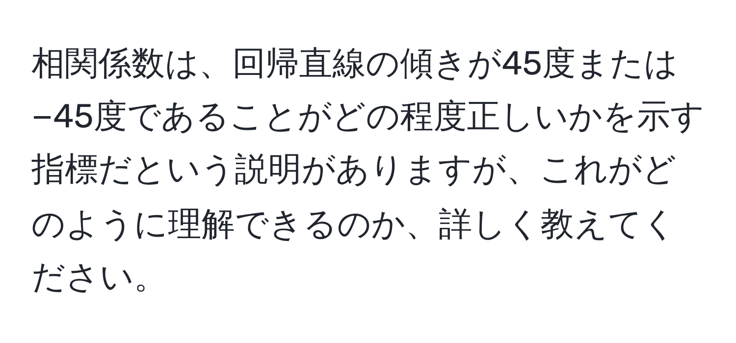 相関係数は、回帰直線の傾きが45度または−45度であることがどの程度正しいかを示す指標だという説明がありますが、これがどのように理解できるのか、詳しく教えてください。