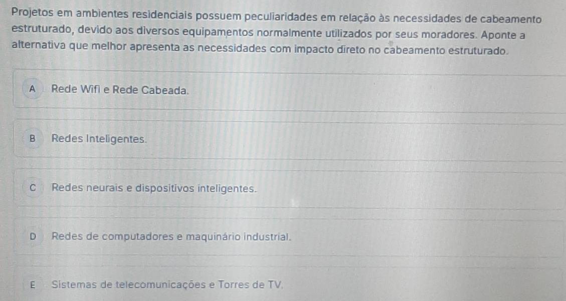 Projetos em ambientes residenciais possuem peculiaridades em relação às necessidades de cabeamento
estruturado, devido aos diversos equipamentos normalmente utilizados por seus moradores. Aponte a
alternativa que melhor apresenta as necessidades com impacto direto no cabeamento estruturado.
A Rede Wifi e Rede Cabeada.
B Redes Inteligentes.
C Redes neurais e dispositivos inteligentes.
D Redes de computadores e maquinário industrial.
E Sistemas de telecomunicações e Torres de TV,