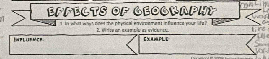 EFFECTS OF GEOGRAPHY 
1. In what ways does the physical environment influence your life? 
2. Write an example as evidence. 
Influence EXAMPLE: