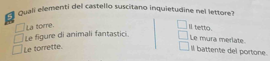 Quali elementi del castello suscitano inquietudine nel lettore?
La torre.
Il tetto.
Le figure di animali fantastici.
Le mura merlate.
Le torrette.
Il battente del portone.